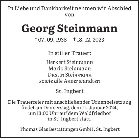 Traueranzeige von Georg Steinmann von saarbruecker_zeitung