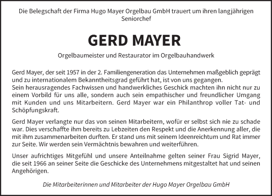 Traueranzeige von Gerd Mayer von saarbruecker_zeitung