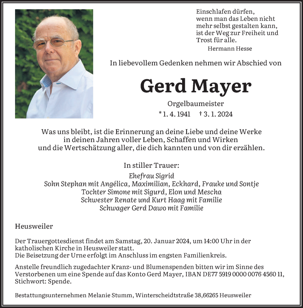  Traueranzeige für Gerd Mayer vom 13.01.2024 aus saarbruecker_zeitung