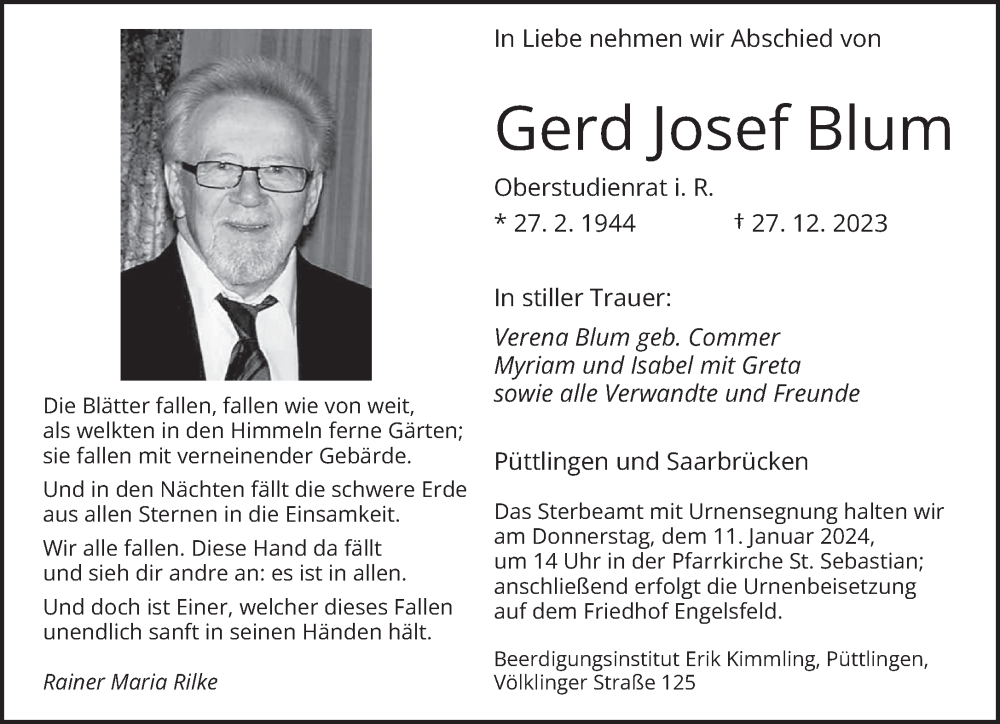  Traueranzeige für Gerd Josef Blum vom 06.01.2024 aus saarbruecker_zeitung