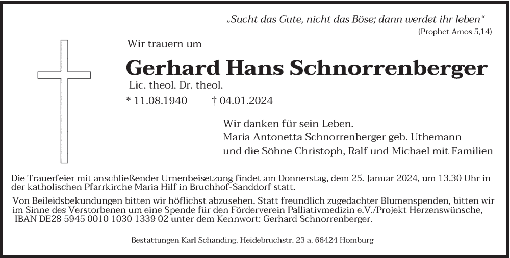  Traueranzeige für Gerhard Hans Schnorrenberger vom 20.01.2024 aus saarbruecker_zeitung