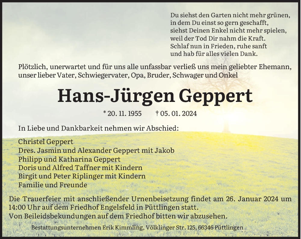  Traueranzeige für Hans-Jürgen Geppert vom 20.01.2024 aus saarbruecker_zeitung