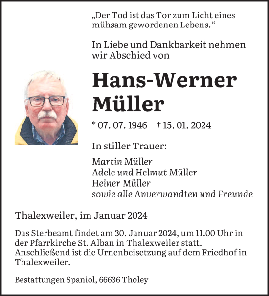 Traueranzeige von Hans-Werner Müller von saarbruecker_zeitung