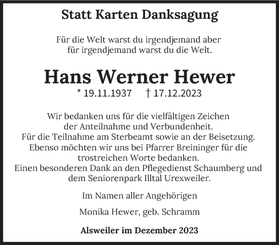 Traueranzeige von Hans Werner Hewer von saarbruecker_zeitung