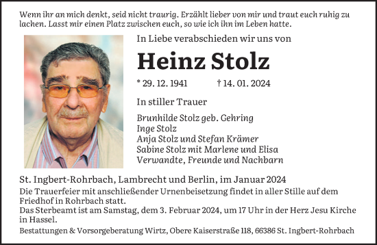 Traueranzeige von Heinz Stolz von saarbruecker_zeitung