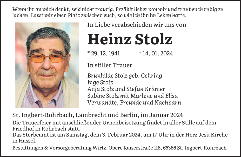  Traueranzeige für Heinz Stolz vom 20.01.2024 aus saarbruecker_zeitung