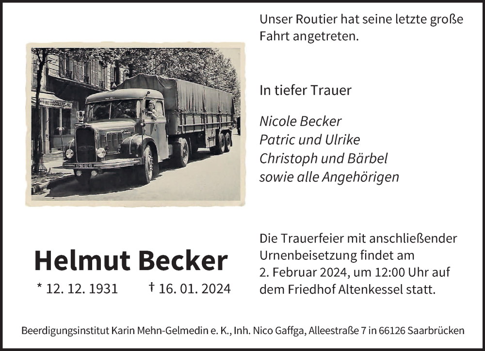  Traueranzeige für Helmut Becker vom 27.01.2024 aus saarbruecker_zeitung