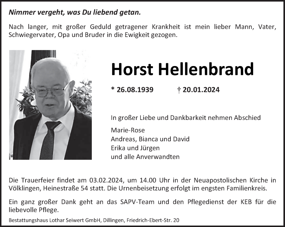  Traueranzeige für Horst Hellenbrand vom 27.01.2024 aus saarbruecker_zeitung