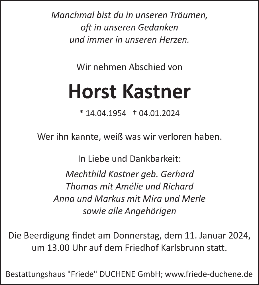  Traueranzeige für Horst Kastner vom 06.01.2024 aus saarbruecker_zeitung
