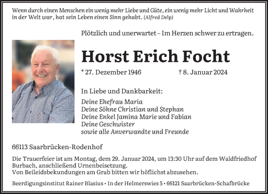 Traueranzeige von Horst Erich Focht von saarbruecker_zeitung