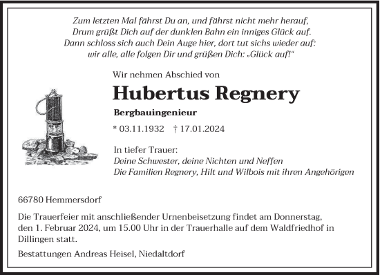 Traueranzeige von Hubertus Regnery von saarbruecker_zeitung