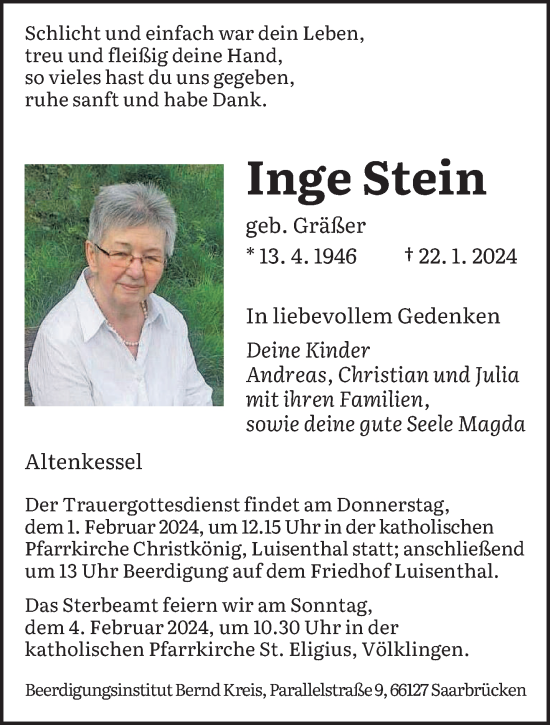 Traueranzeige von Inge Stein von saarbruecker_zeitung