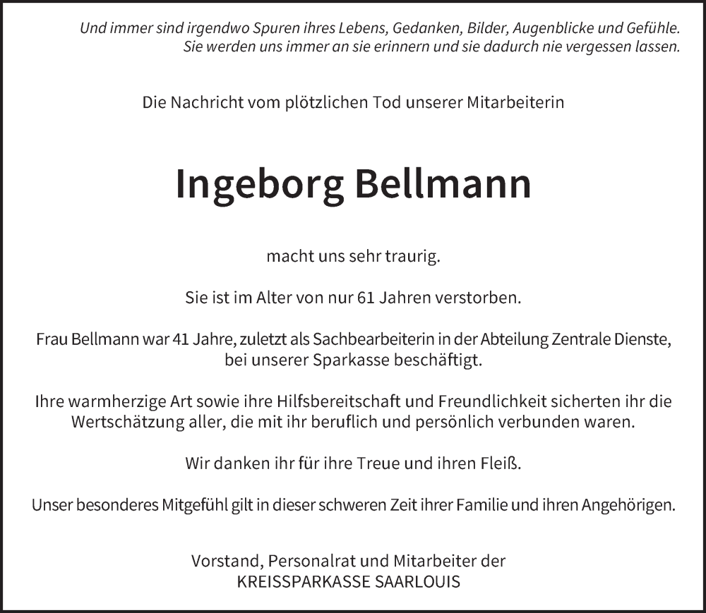  Traueranzeige für Ingeborg Bellmann vom 20.01.2024 aus saarbruecker_zeitung