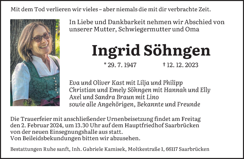  Traueranzeige für Ingrid Söhngen vom 27.01.2024 aus saarbruecker_zeitung