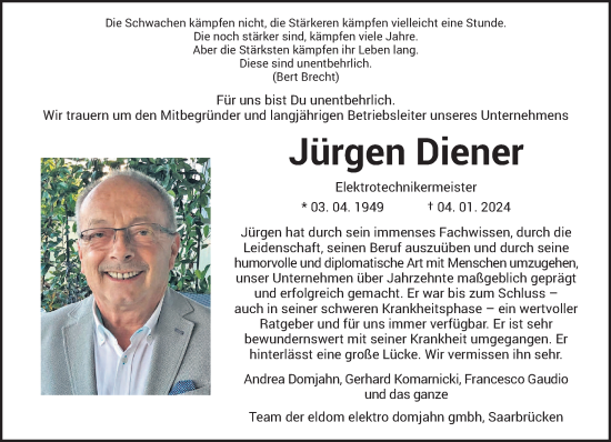 Traueranzeige von Jürgen Diener von saarbruecker_zeitung
