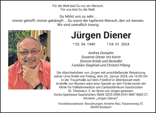 Traueranzeige von Jürgen Diener von saarbruecker_zeitung