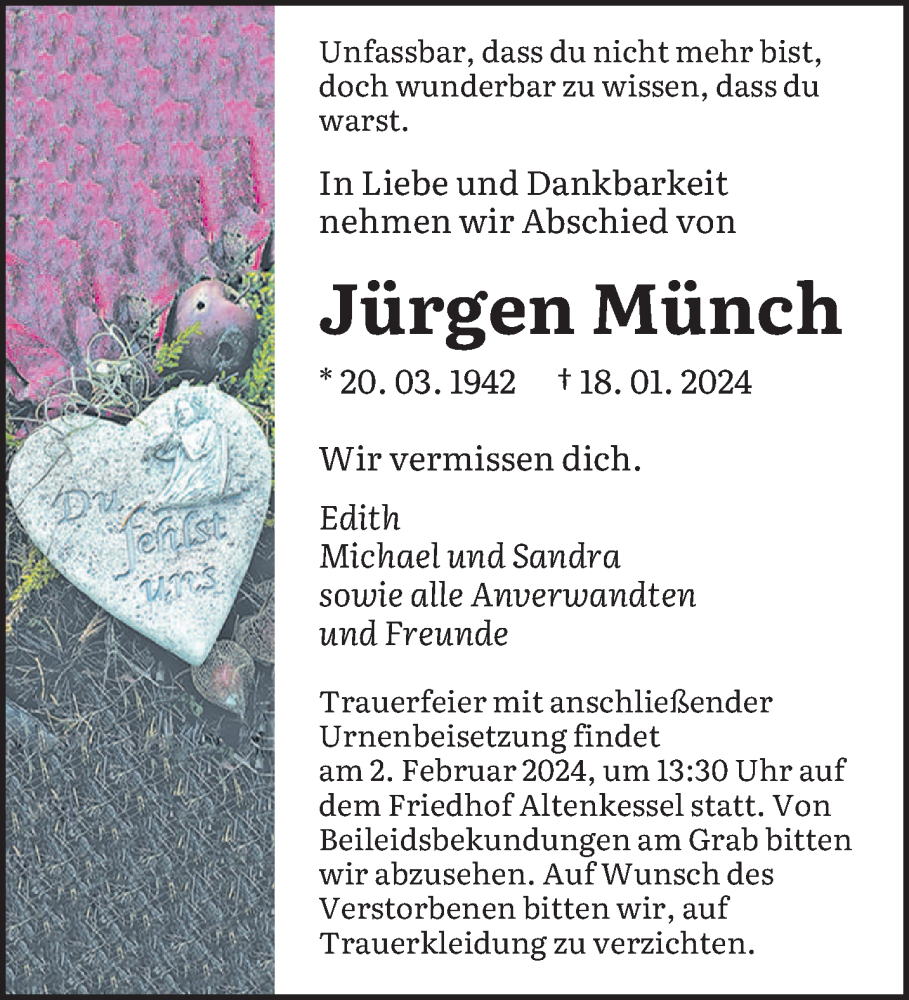  Traueranzeige für Jürgen Münch vom 27.01.2024 aus saarbruecker_zeitung