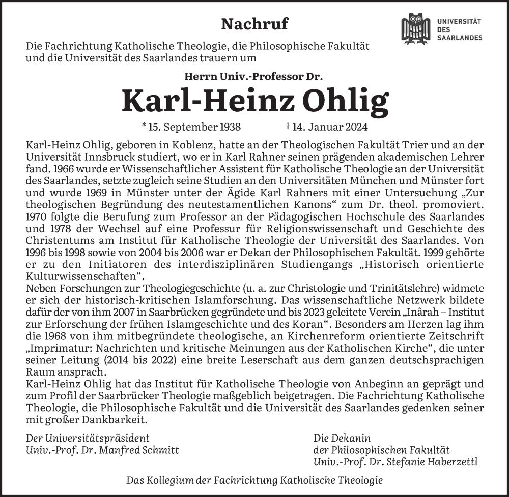  Traueranzeige für Karl-Heinz Ohlig vom 20.01.2024 aus saarbruecker_zeitung