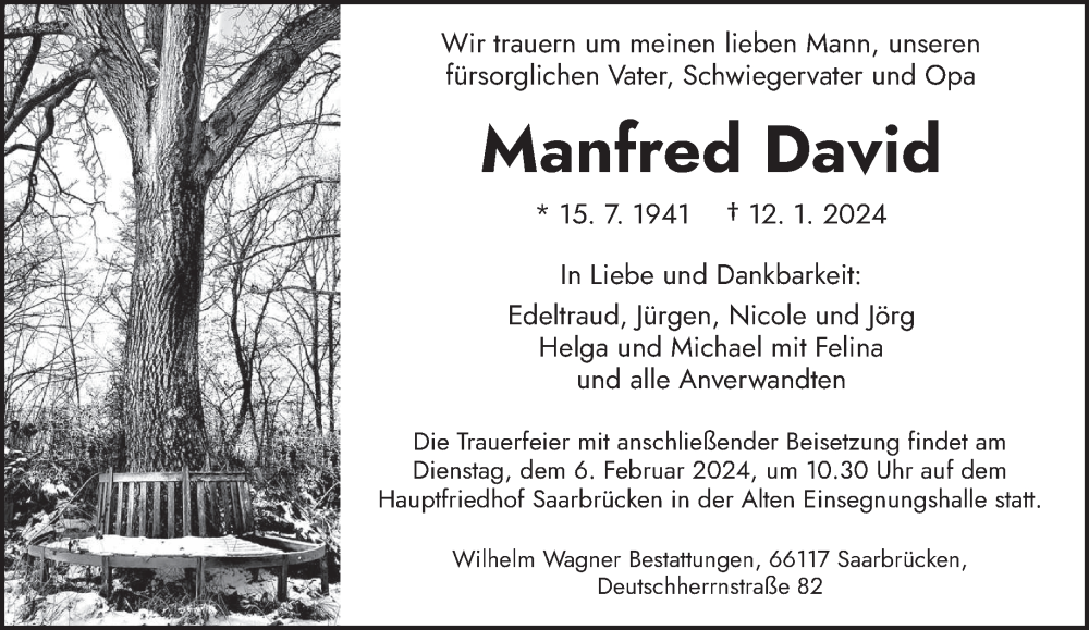  Traueranzeige für Manfred David vom 27.01.2024 aus saarbruecker_zeitung