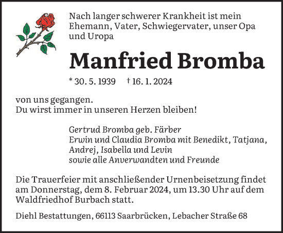 Traueranzeige von Manfried Bromba von saarbruecker_zeitung