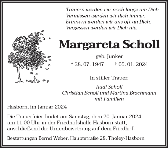 Traueranzeige von Margaretes Scholl von saarbruecker_zeitung