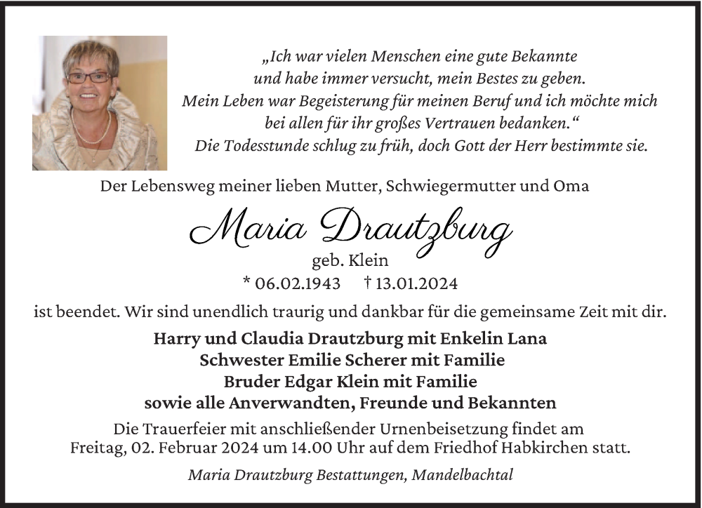  Traueranzeige für Maria Drautzburg vom 20.01.2024 aus saarbruecker_zeitung