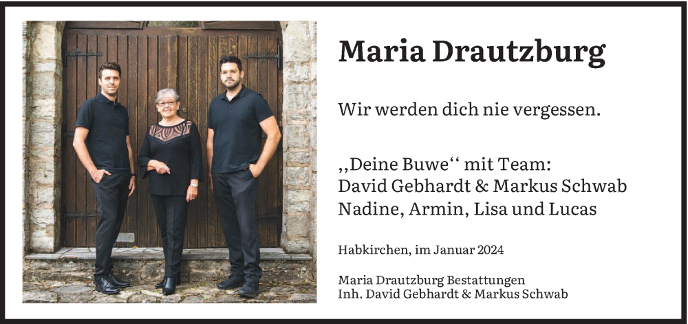  Traueranzeige für Maria Drautzburg vom 20.01.2024 aus saarbruecker_zeitung