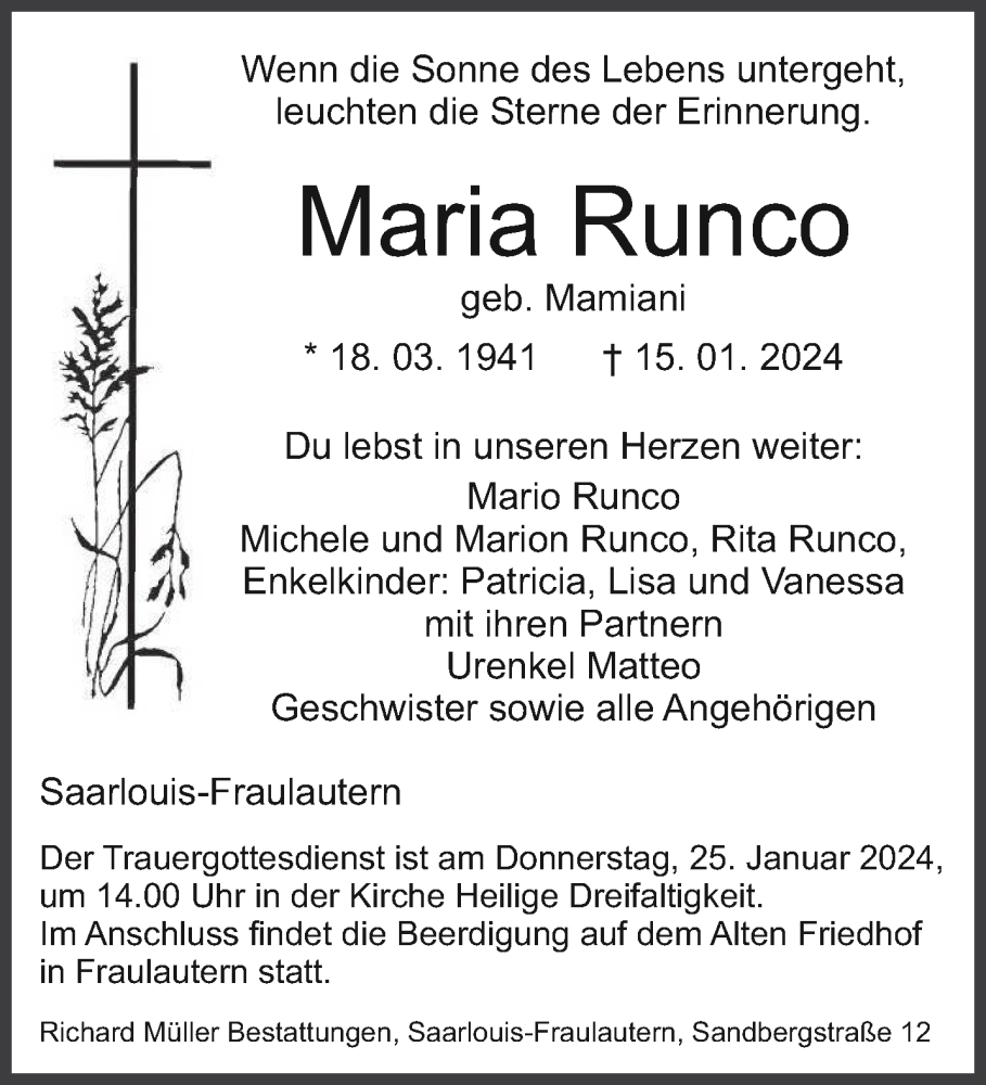  Traueranzeige für Maria Runco vom 20.01.2024 aus saarbruecker_zeitung