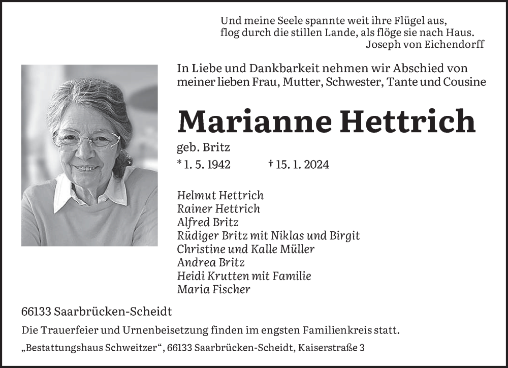  Traueranzeige für Marianne Hettrich vom 20.01.2024 aus saarbruecker_zeitung