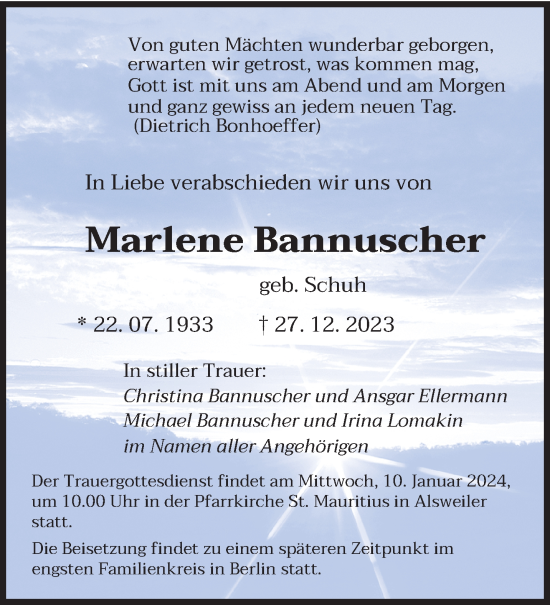 Traueranzeige von Marlene Bannuscher von saarbruecker_zeitung