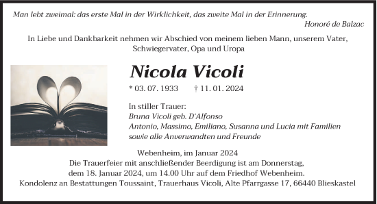 Traueranzeige von Nicola Vicoli von saarbruecker_zeitung