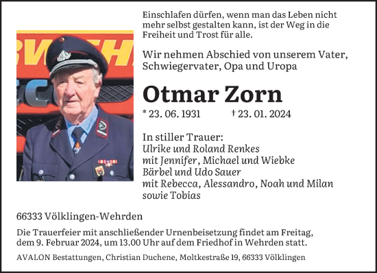 Traueranzeige von Otmar Zorn von saarbruecker_zeitung