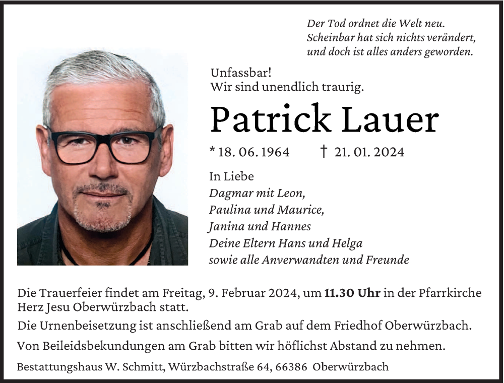  Traueranzeige für Patrick Lauer vom 27.01.2024 aus saarbruecker_zeitung