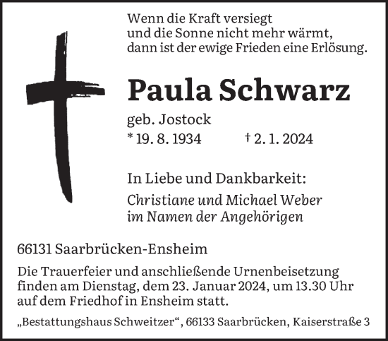 Traueranzeige von Paula Schwarz von saarbruecker_zeitung