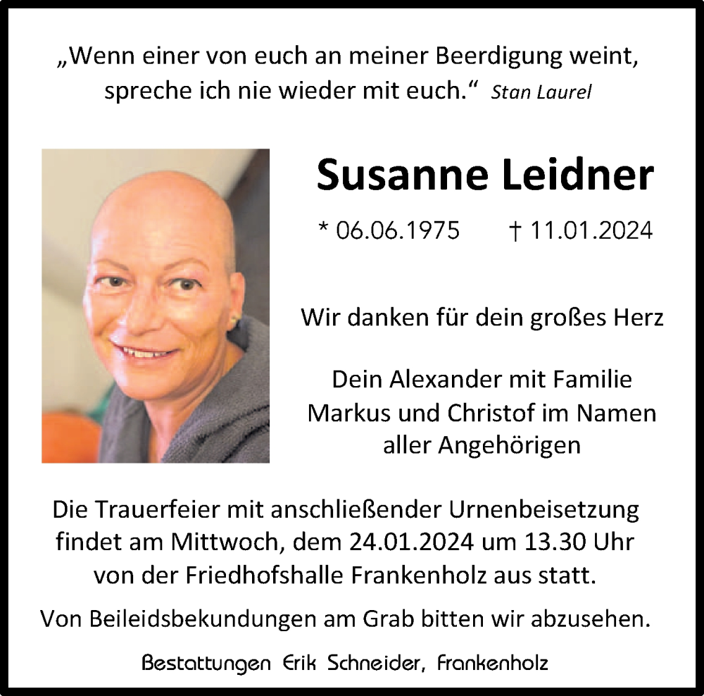 Traueranzeige für Susanne Leidner vom 20.01.2024 aus saarbruecker_zeitung