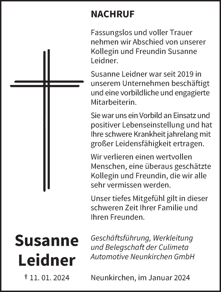 Traueranzeige für Susanne Leidner vom 20.01.2024 aus saarbruecker_zeitung