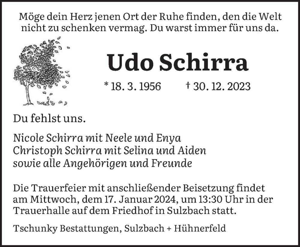  Traueranzeige für Udo Schirra vom 13.01.2024 aus saarbruecker_zeitung