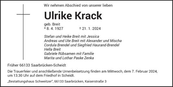 Traueranzeige von Ulrike Krack von saarbruecker_zeitung