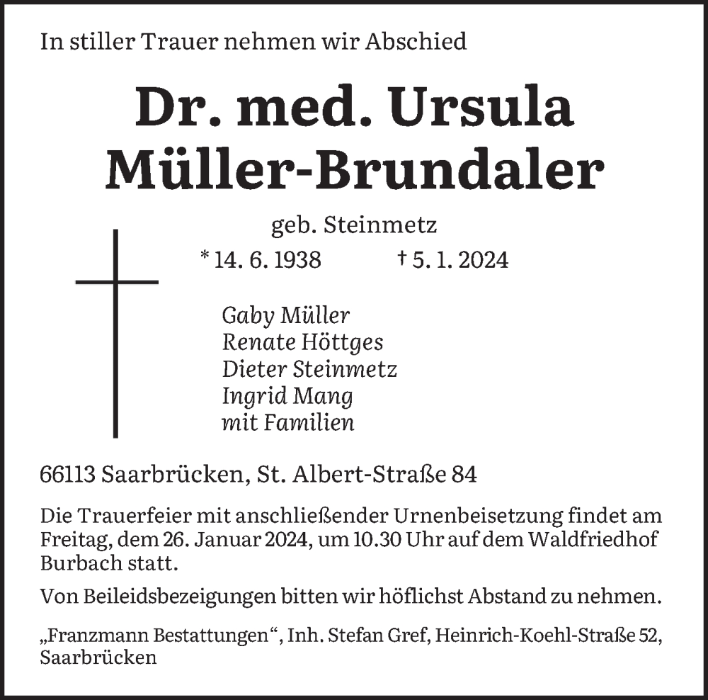  Traueranzeige für Ursula Müller-Brundaler vom 20.01.2024 aus saarbruecker_zeitung