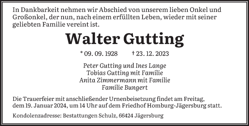  Traueranzeige für Walter Gutting vom 13.01.2024 aus saarbruecker_zeitung
