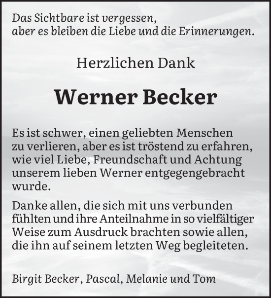 Traueranzeige von Werner Becker von saarbruecker_zeitung