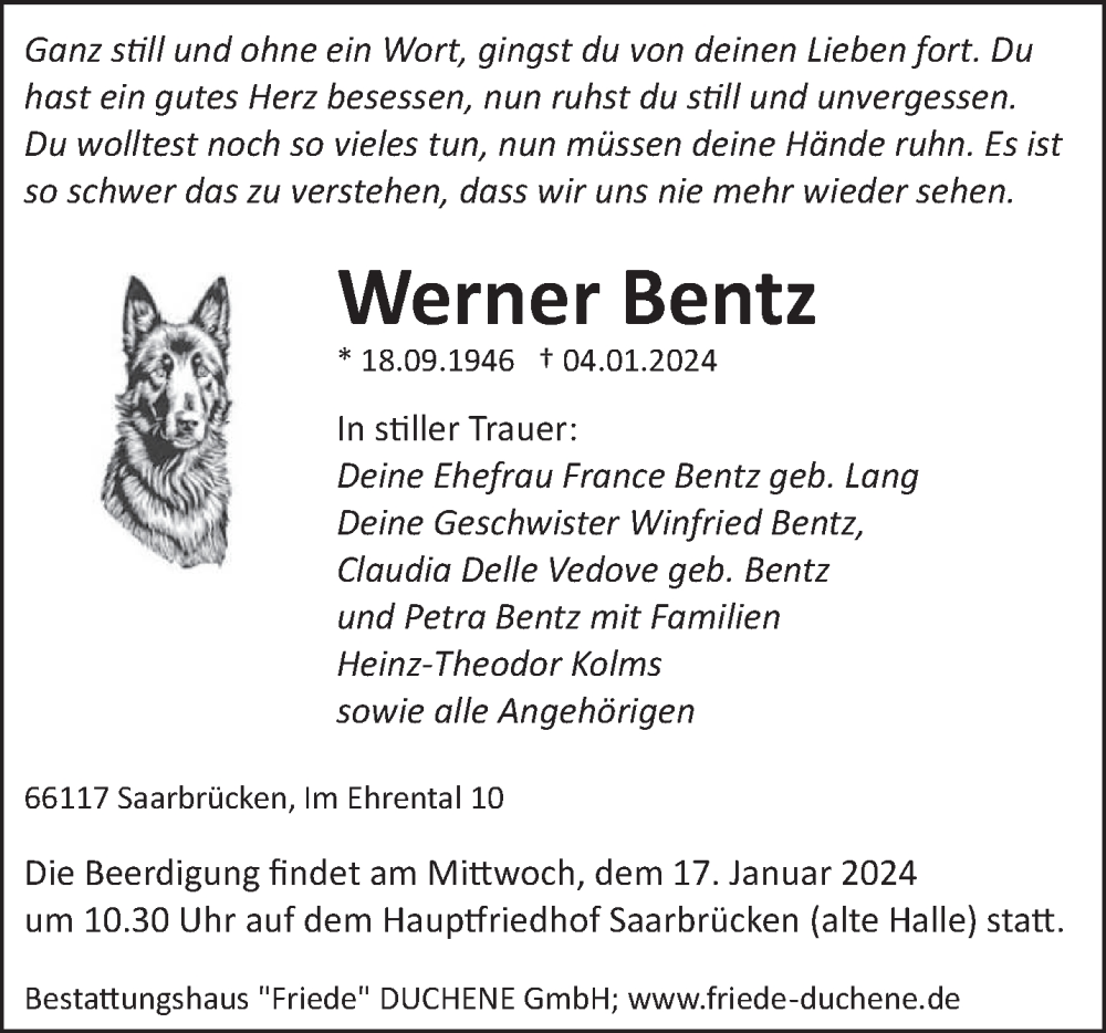  Traueranzeige für Werner Bentz vom 13.01.2024 aus saarbruecker_zeitung