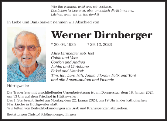 Traueranzeige von Werner Dirnberger von saarbruecker_zeitung