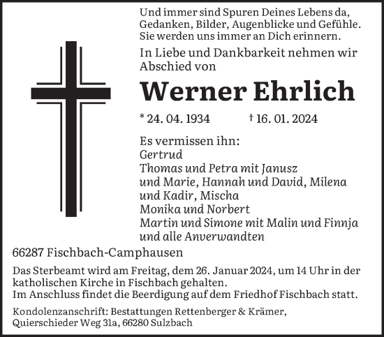 Traueranzeige von Werner Ehrlich von saarbruecker_zeitung
