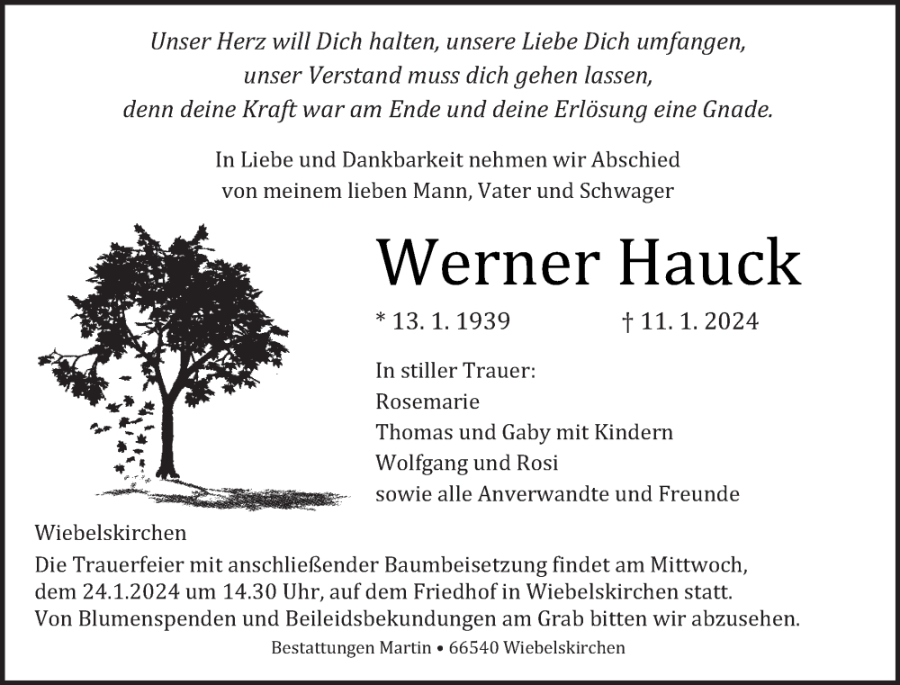  Traueranzeige für Werner Hauck vom 22.01.2024 aus saarbruecker_zeitung
