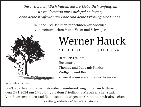 Traueranzeige von Werner Hauck von saarbruecker_zeitung