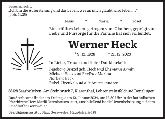 Traueranzeige von Werner Heck von saarbruecker_zeitung