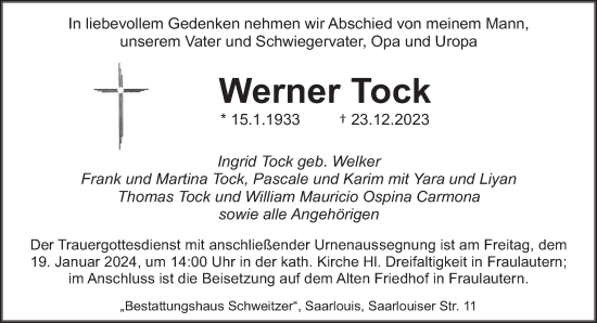 Traueranzeige von Werner Tock von saarbruecker_zeitung
