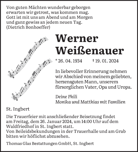 Traueranzeige von Werner Weißenauer von saarbruecker_zeitung