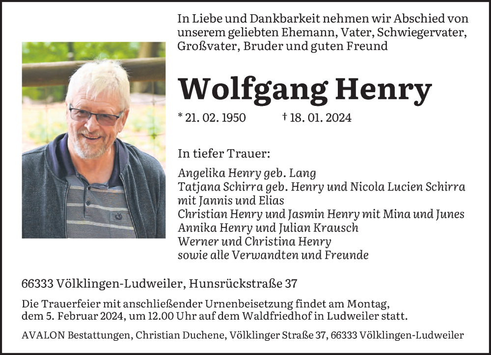  Traueranzeige für Wolfgang Henry vom 27.01.2024 aus saarbruecker_zeitung